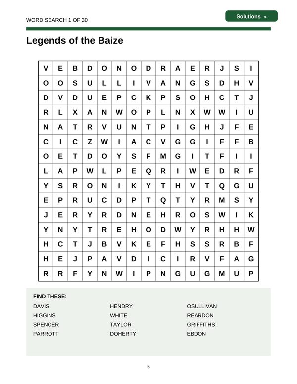 Page 5: Word search: Legends of the Baize
